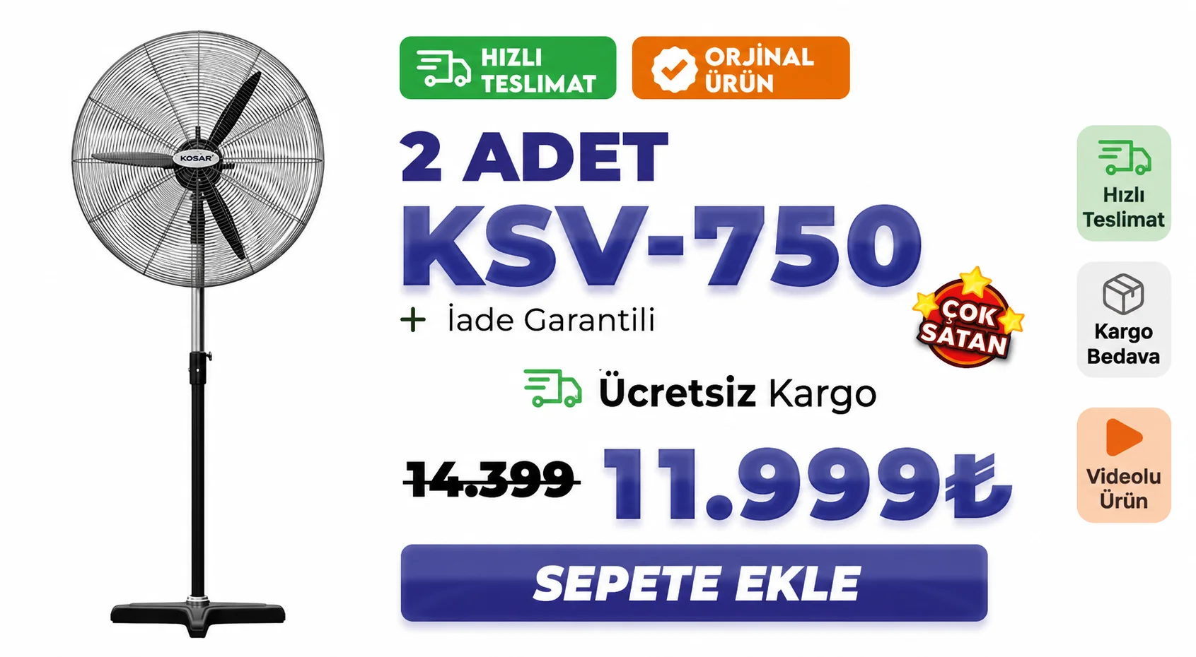 KSV-750 Sanayi Tipi Vantilatör (Ayaklı) (2'li İndirimli Fiyat)