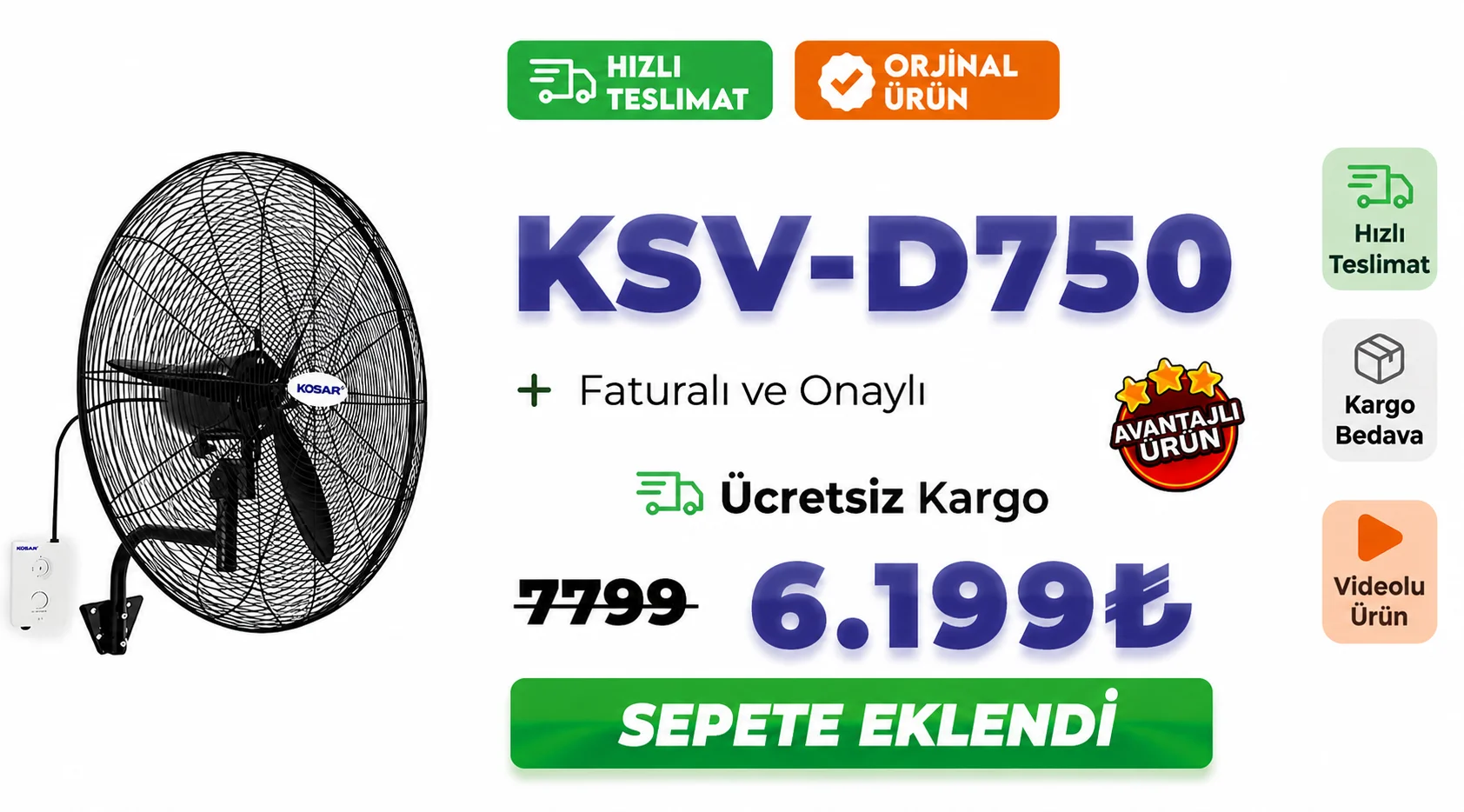 KSV-D750 Sanayi Tipi Vantilatör (Duvar Modeli)