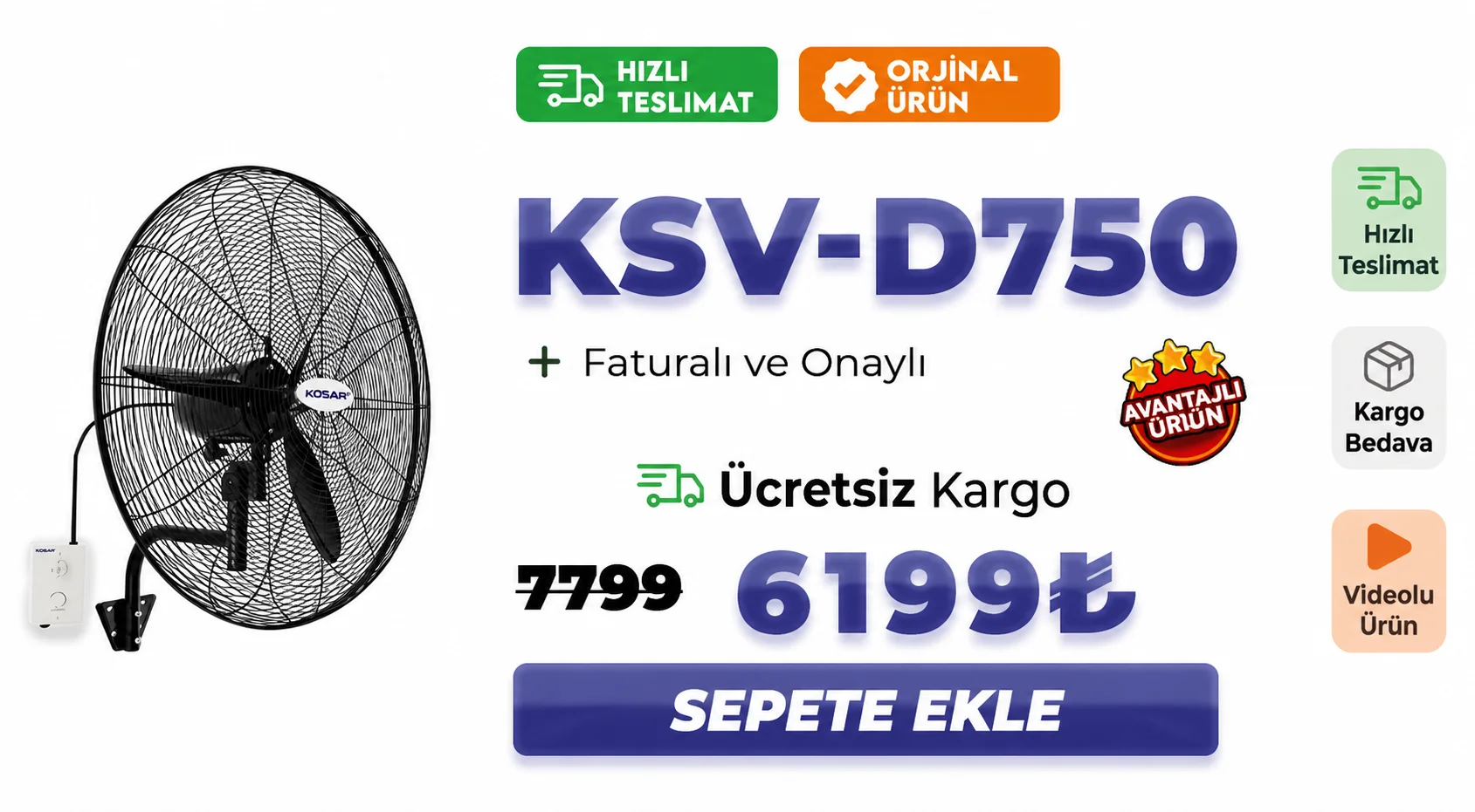 KSV-D750 Sanayi Tipi Vantilatör (Duvar Modeli)