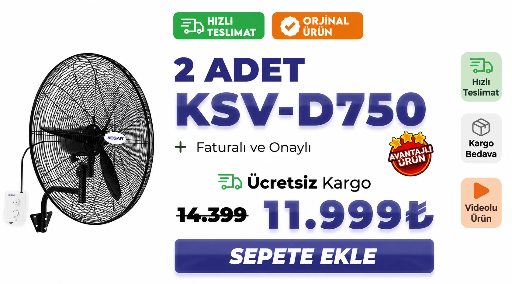 KSV-D750 Sanayi Tipi Vantilatör (Duvar Modeli) (2'li İndirimli Fiyat)