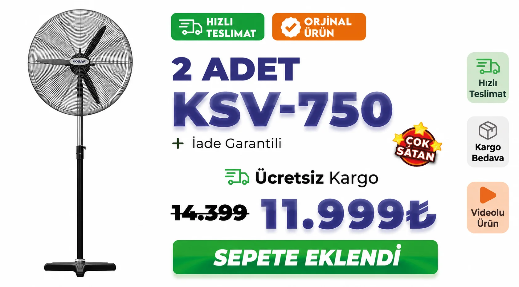 KSV-750 Sanayi Tipi Vantilatör (Ayaklı) (2'li İndirimli Fiyat)