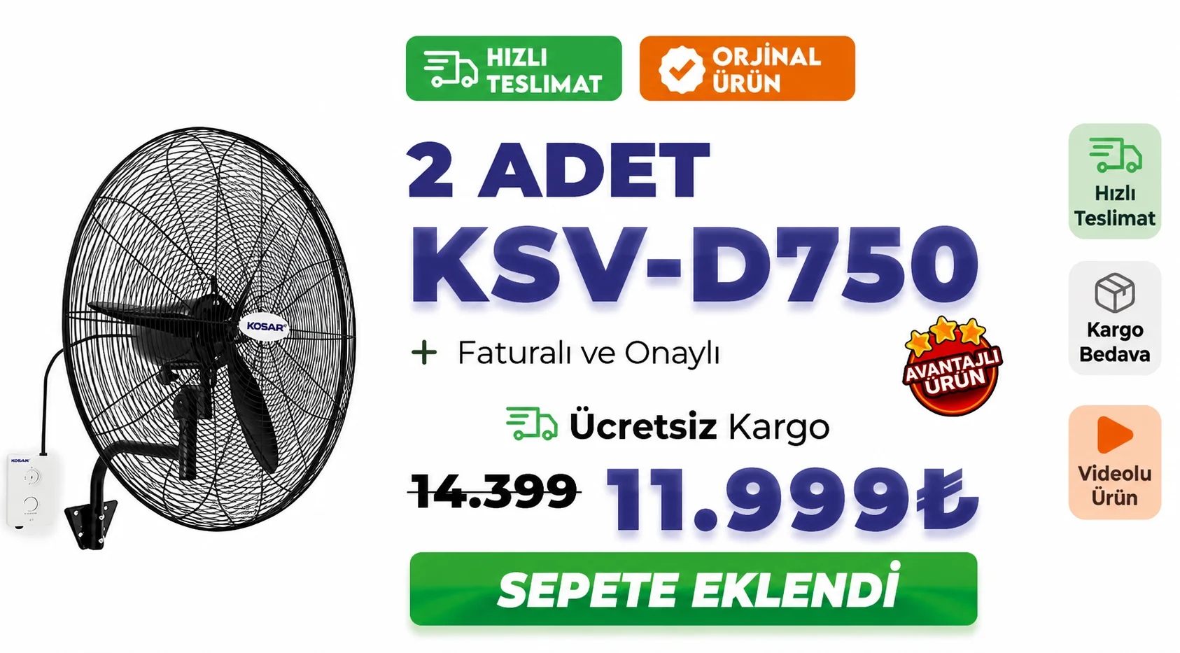 KSV-D750 Sanayi Tipi Vantilatör (Duvar Modeli) (2'li İndirimli Fiyat)